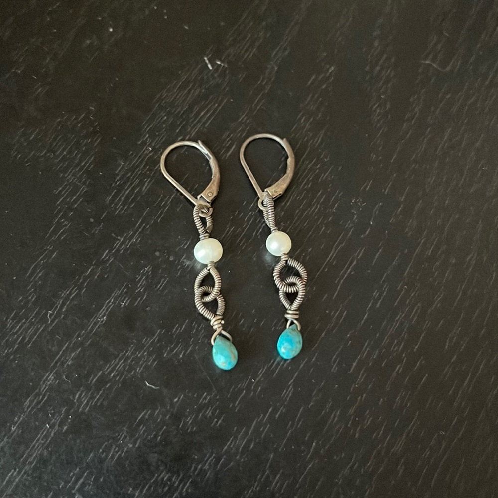 Artisan earrings Sterling silver, fresh water Pearl, turquoise